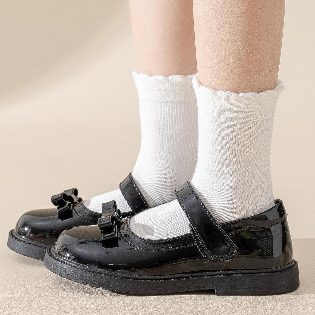 6 Pair Girls White Dressy Textured Short Socks Scallop Top Design
