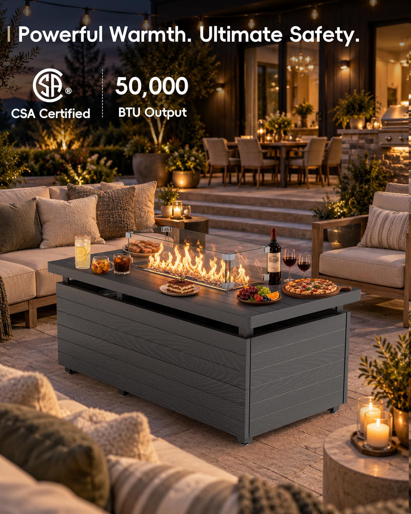 Outdoor Propane Fire Pit Table, 50000 BTU Rectangular Propane Fire Table with Glass Wind Guard, Sliding Tank Holder