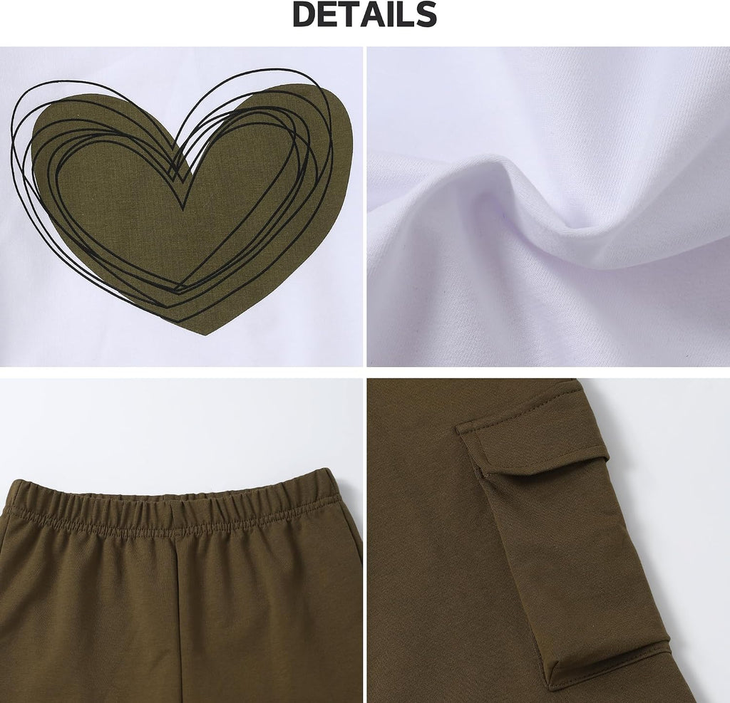 Girls 2 Piece Outfits Heart Print Sweatshirt and Cargo Pants Set, Casual Tracksuit School Daily Wear