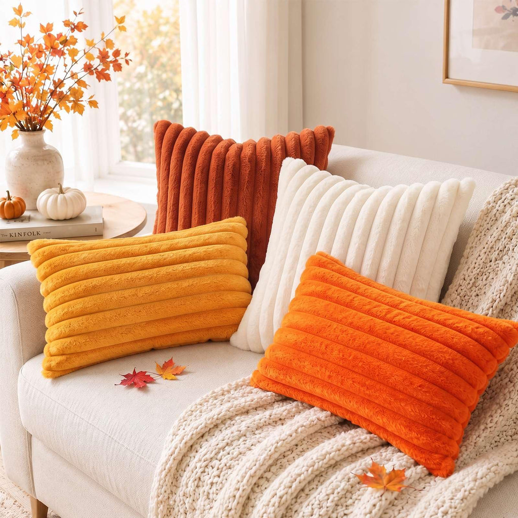 Faux Fur Fall Throw Pillow Covers 22x22 Set of 2, Burnt Orange