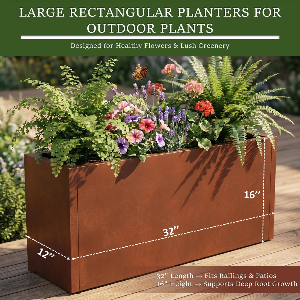 32 Inch Corten Steel Planter Box, Large Rectangular Planter