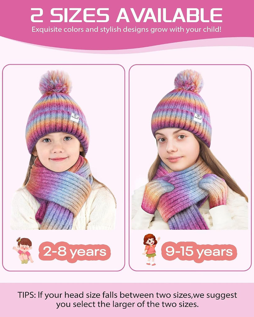 Kids Winter Beanie Gloves Scarf Set,Girls Toddler Winter Hat With Pom Neck Warmer Gaiter Mittens Fleece Lined Set