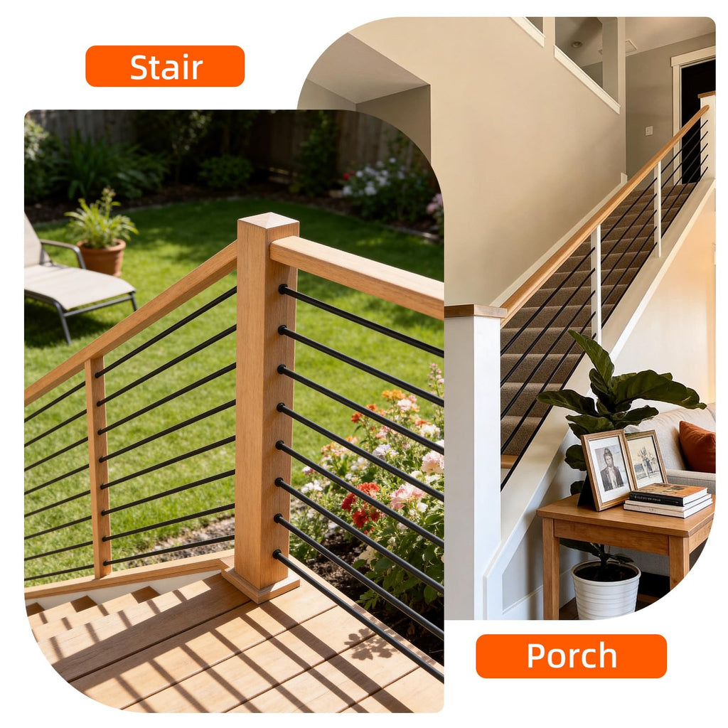 6.4FT x 3/4 inch Wrought Iron Horizontal Balusters, Round Deck Stair Bar Spindles, Satin Black Hollow Straight Railings