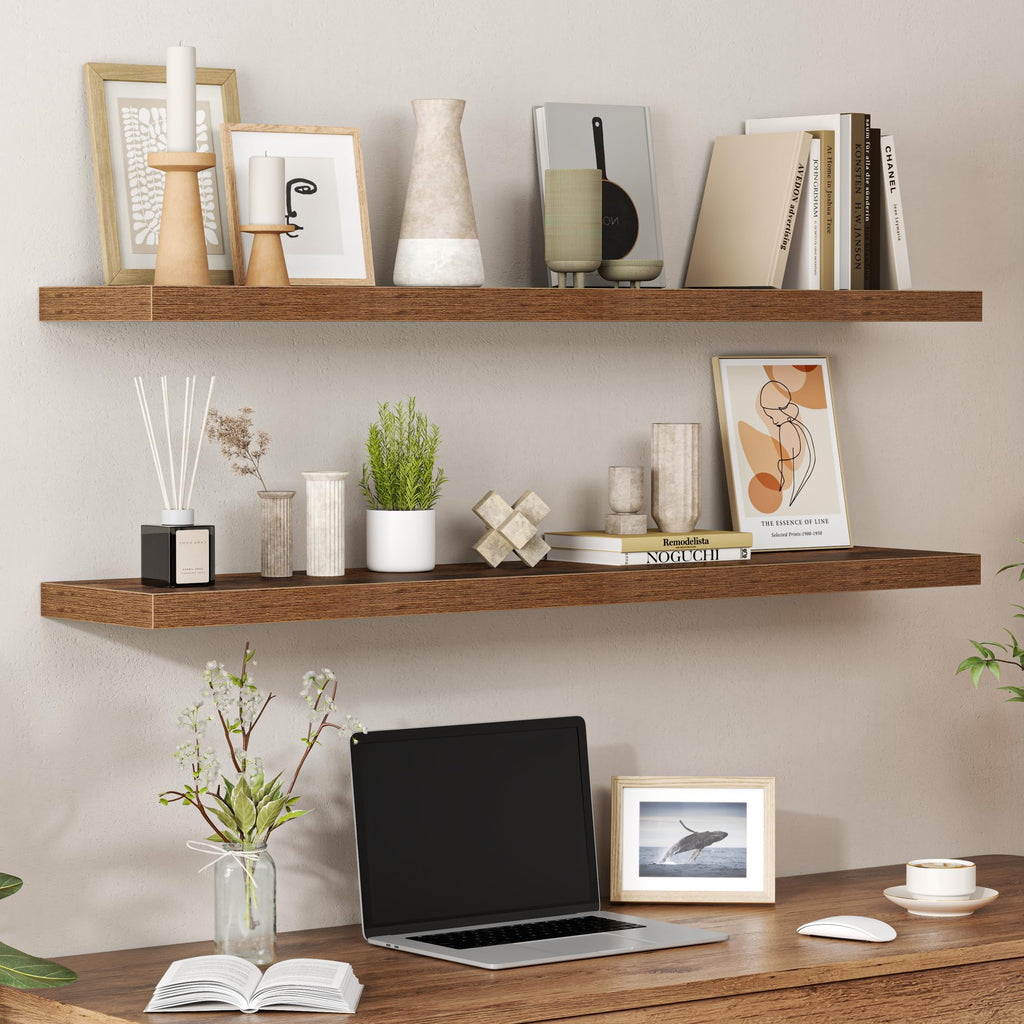 Floating Shelves for Wall 48 Inches Long, 9.3" Deep Rustic Brown Floating Shelf Set of 2, Wall Mounted Wood Shelves