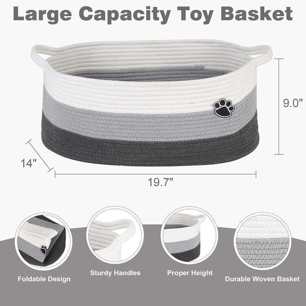 40L Extra Larg Dog Toy Basket, Woven Rope Storage Basket, White-Grey