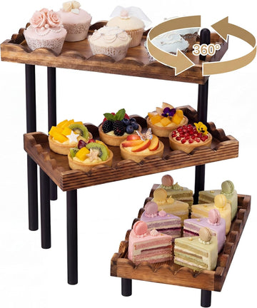 3 Tier Serving Tray & Wood Display Risers for Party,Rotatable Cupcake Stand