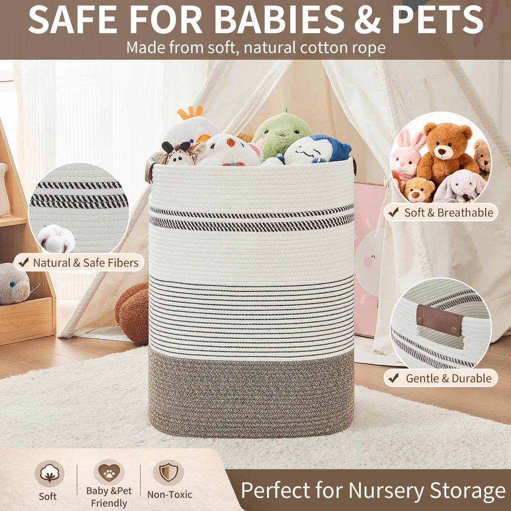 Laundry Hamper - Tall Woven Rope Laundry Basket - Clothes hamper with Leather Handles, 17" X 13.8" X 22", Blanket