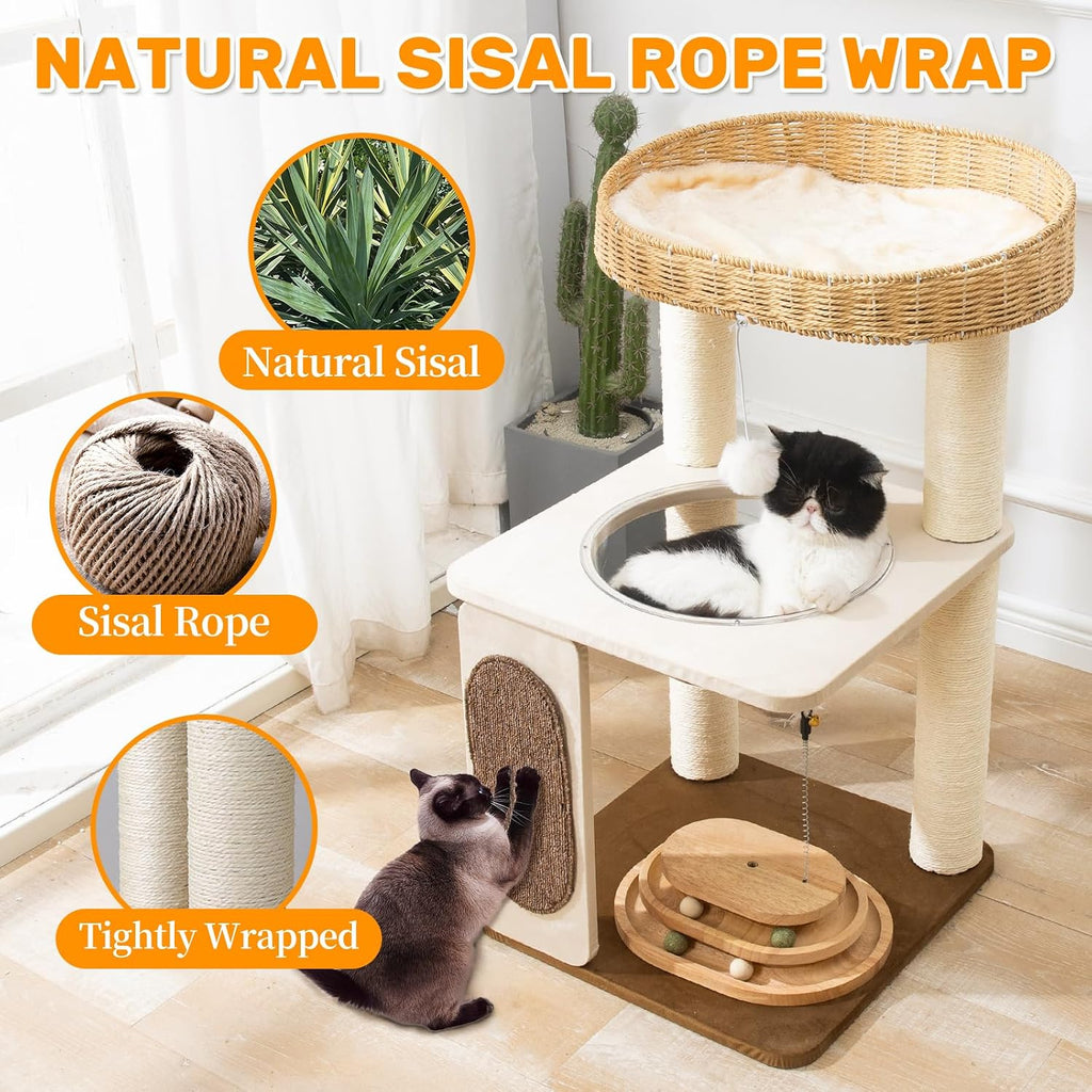 Modern Cat Tree for Indoor Cats, 30 in Cat Tower with Basket Bed