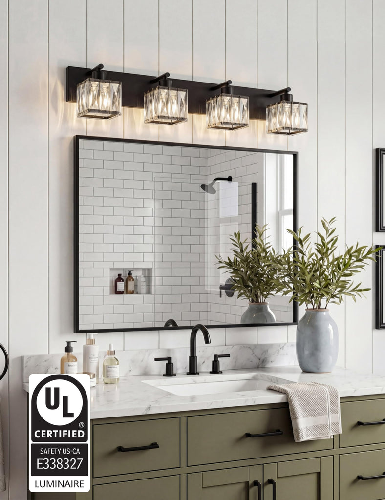 4-Light Crystal Bathroom Vanity Light Square, Matte Black