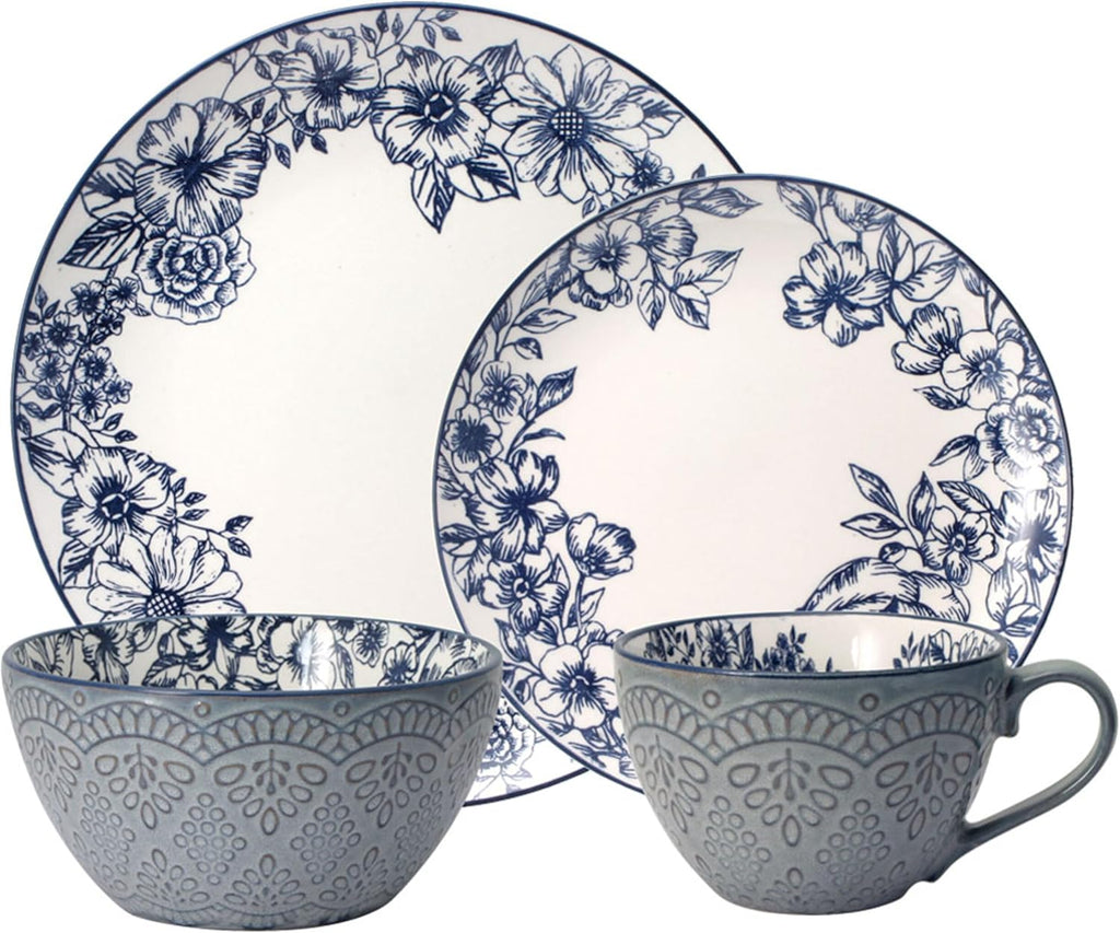 Gabriela Blue 16-Piece Dinnerware Set, Service for 4, Durable Stoneware Plates, Bowls