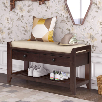 Farmhouse Shoe Rack Bench with Cushion, 2 Tier Entryway Bench with Storage Drawers and Open Shelf, Wood Shoe Storage