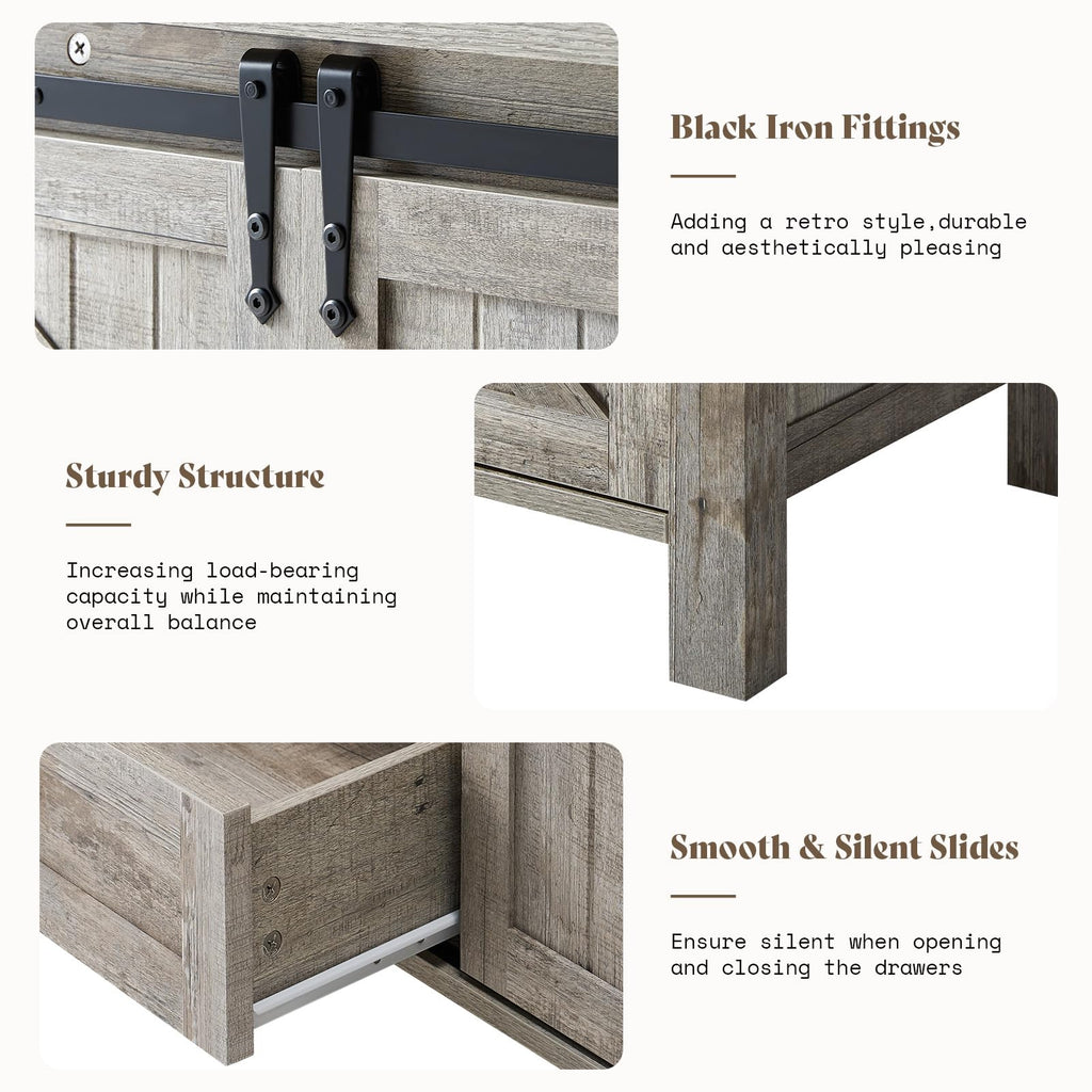 60" Farmhouse 4-Drawer with Barn Doors, Light Rustic Oak