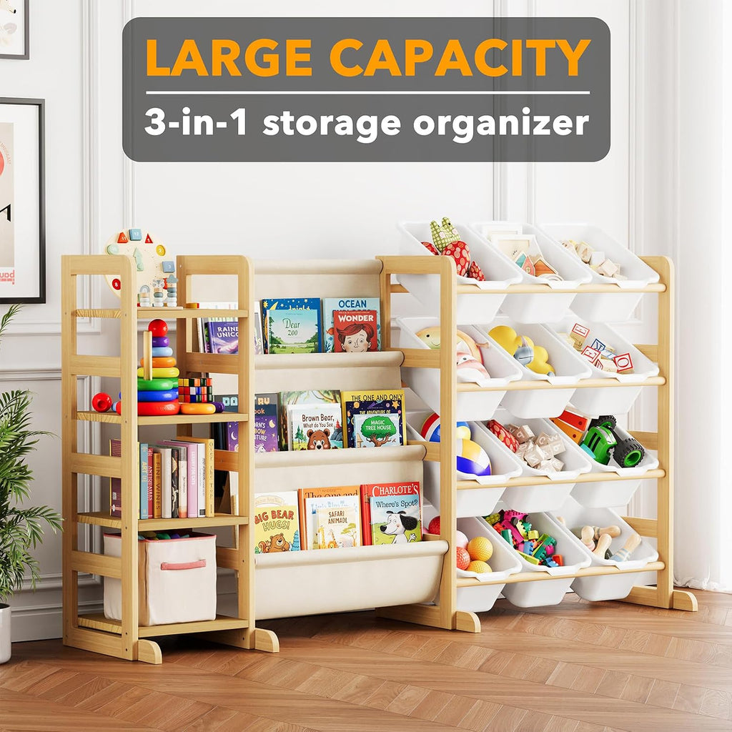 3-in-1 Toy Storage Organizer with 4 Shelves and 12 Bins, Toy Organizers Storage 3-Tier Bookshelf, Kids Bin Shelf Box