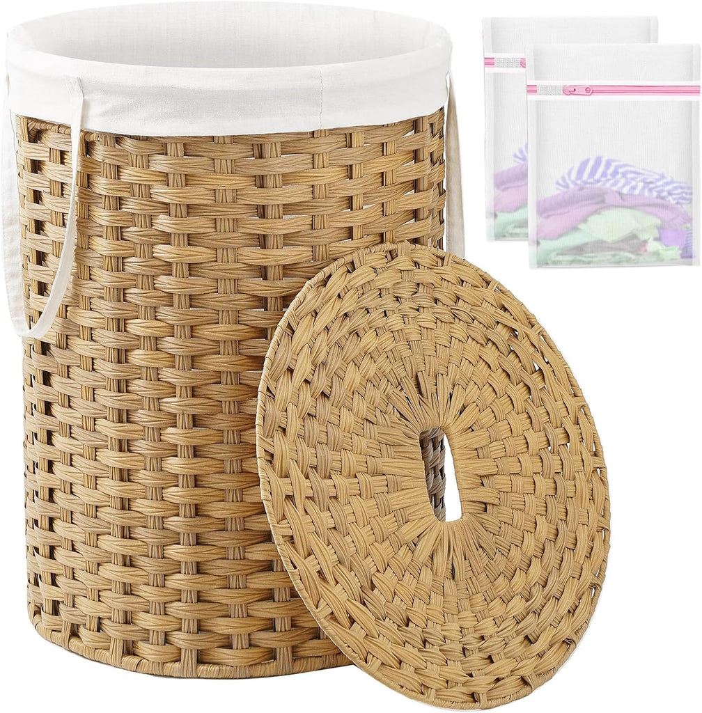 Laundry Basket with Lid Round 29.1 Gal PE Rattan, Natural | Family Clothes & Blanket Trunk with Lid, Removable Liner