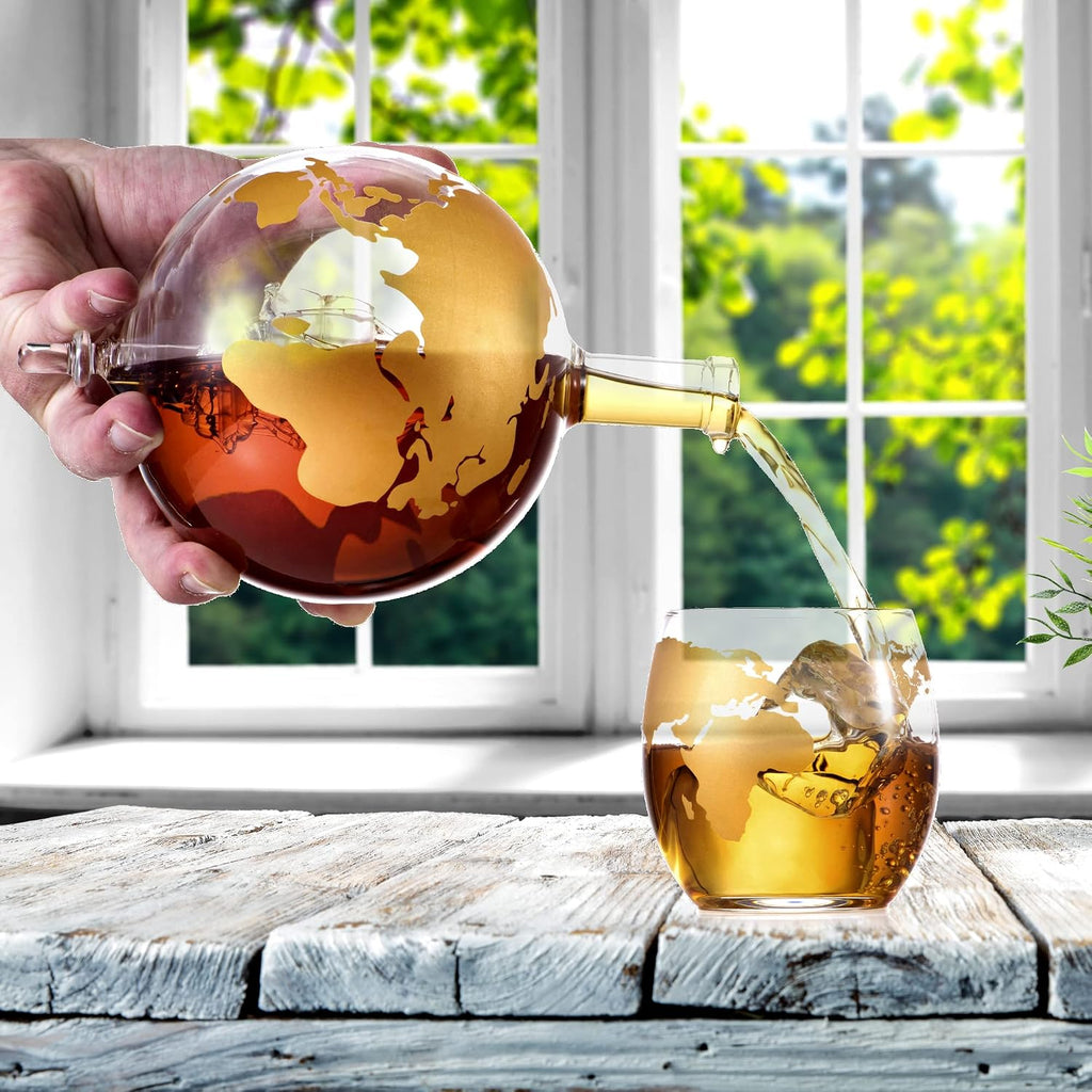 Whiskey Decanter Globe Gift Set - Rich Base Tray - Gold Whiskey Dispenser Airtight Stopper for Wine, Bourbon, Brandy