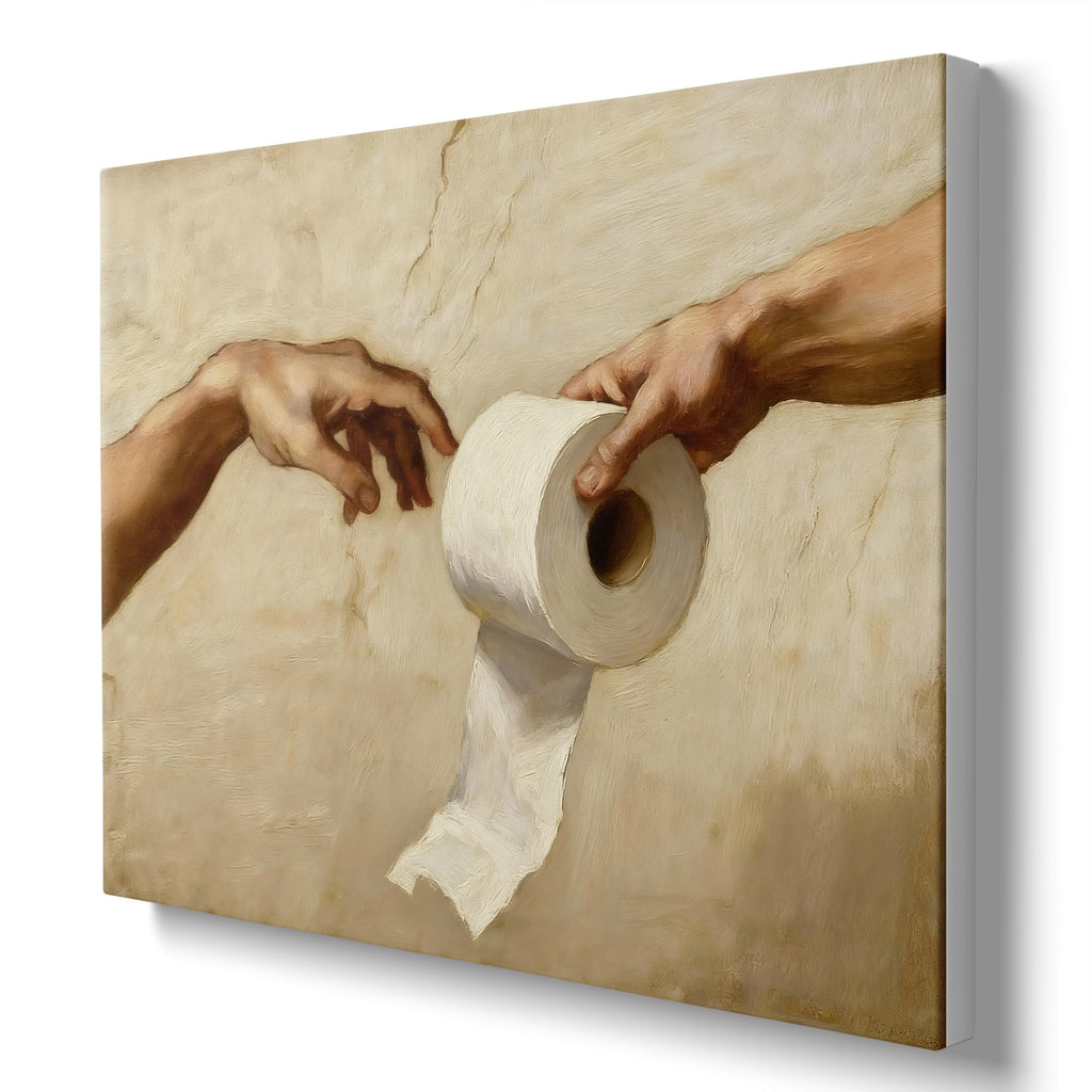 Funny Toilet Paper Wall Art, Michelangelo's Creation of Adam Parody with Toilet Paper Roll, Humorous Bathroom Canvas