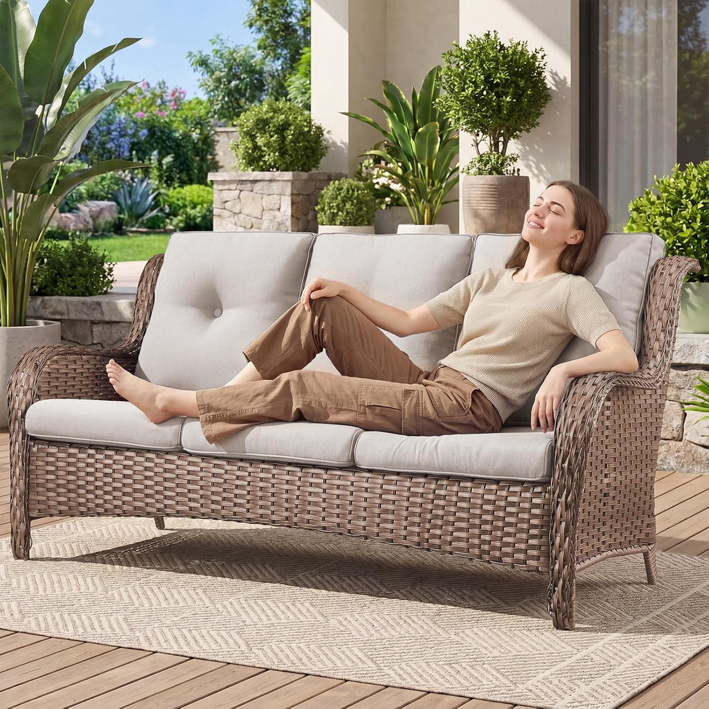 Patio Sofa Luxury PE Wicker 3-Seater Outdoor Couch, Modern All-Weather High Back Deep Seat Woven Furniture Set for