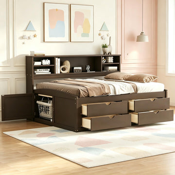 Full Size Solid Wood Daybed with Storage Drawers, Antique Brown
