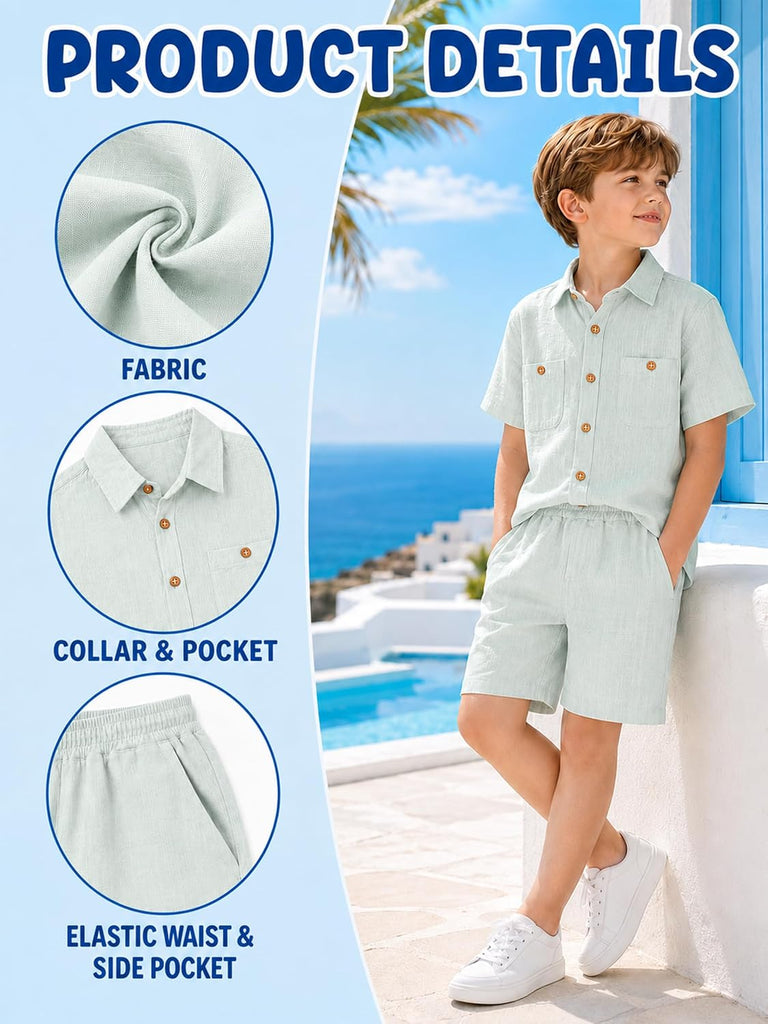 Boys 2 Piece Summer Outfits Beach Button Down Shirt Shorts Set