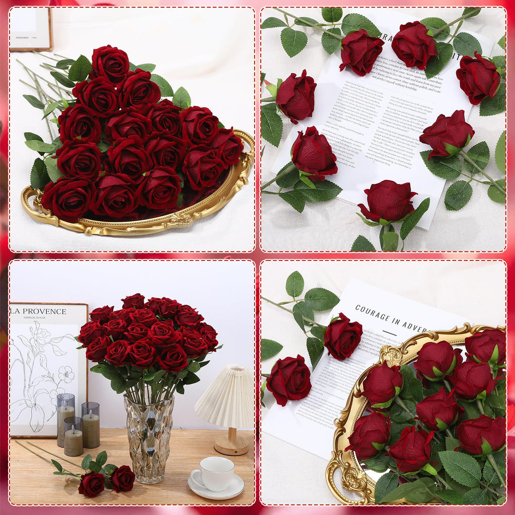 36 Pcs Velvet Texture Burgundy Artificial Flowers Bridal Bouquet