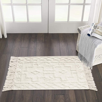 Boho Bathroom Rug 2' x 3', Washable Small Farmhouse Bedroom Rugs with Tassels, Beige Geometric Bath Mats Decor