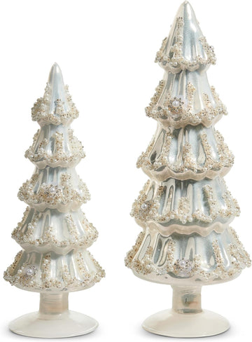 Set of 2 (12", 9.5") Embellished White Glass Christmas Tree Figurines - Elegant Pearlized Vintage Tabletop Mantel