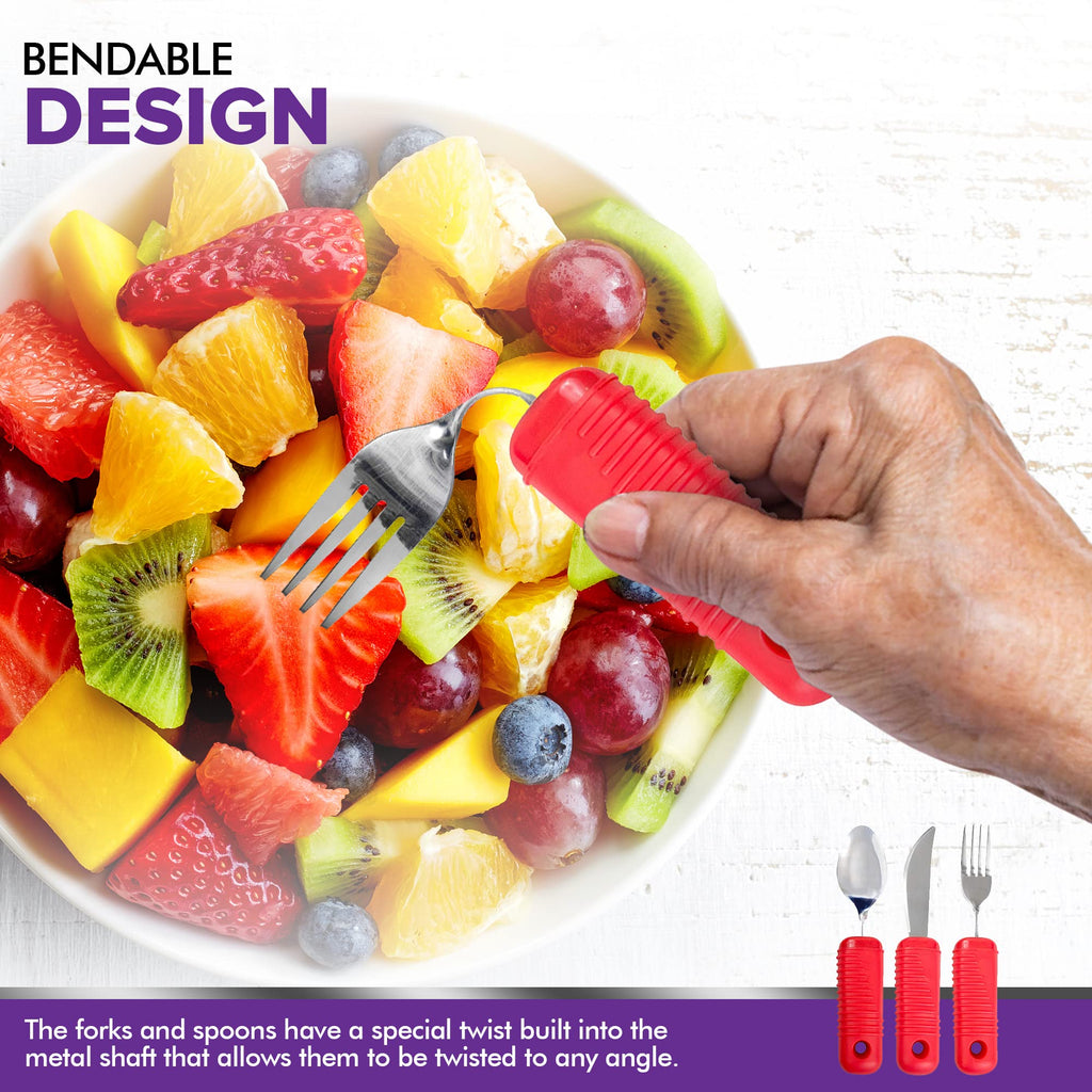3 Piece Easy Grip Red Utensil Set - Bendable Fork, and Spoon, Strong Knife