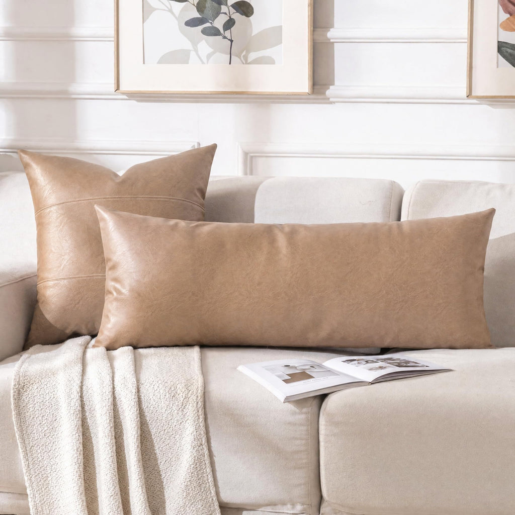 Tan Boho Long Lumbar Faux Leather Body Decorative Throw Pillow Cover 14x40 Inch Couch Bed Sofa, Stylish Solid