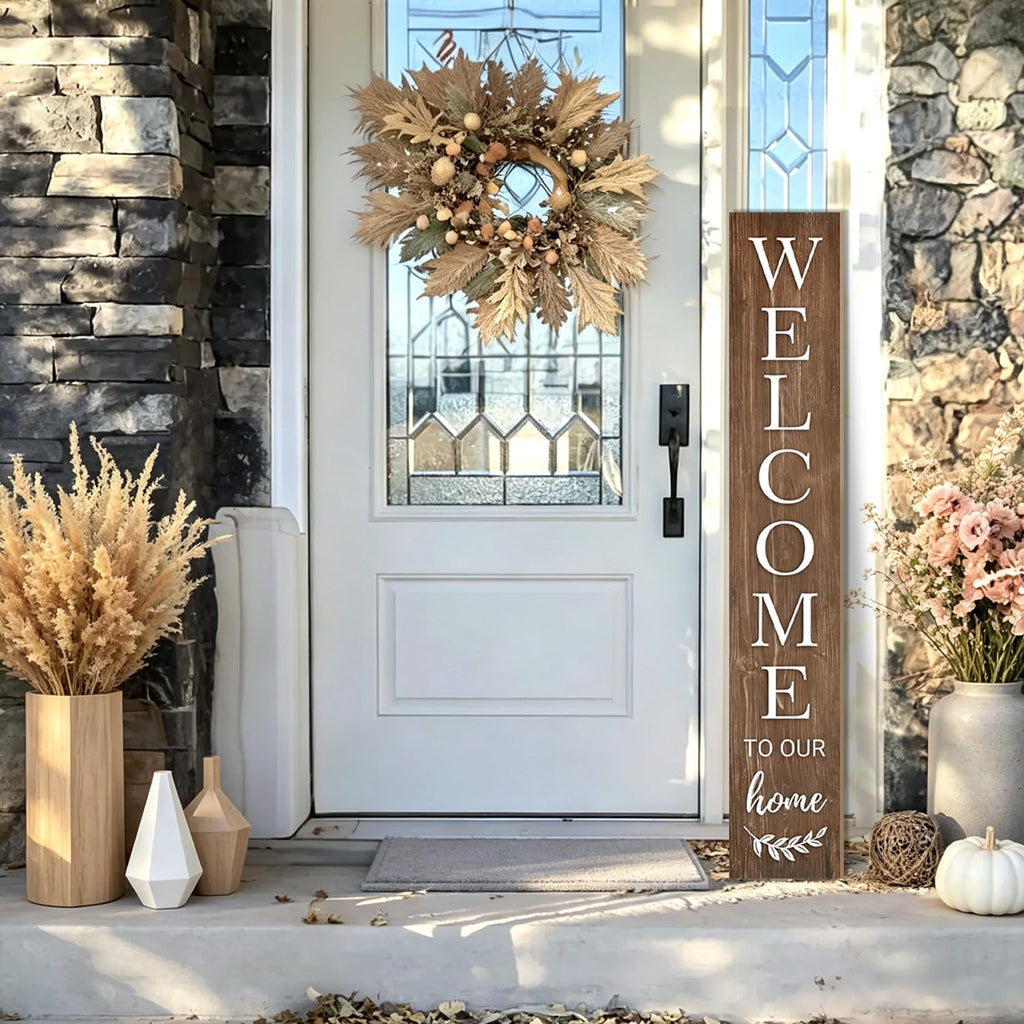 Fall Welcome Sign for Front Door, 47'' Brown Wooden Porch Sign Large Warm Greeting Door Sign Farmhouse Vertical Porch