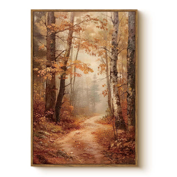 Autumn Forest Framed Canvas Wall Art 16x24 Trees Leaves Trail Artwork, Woodland Path in Fall Colors Landscape Print