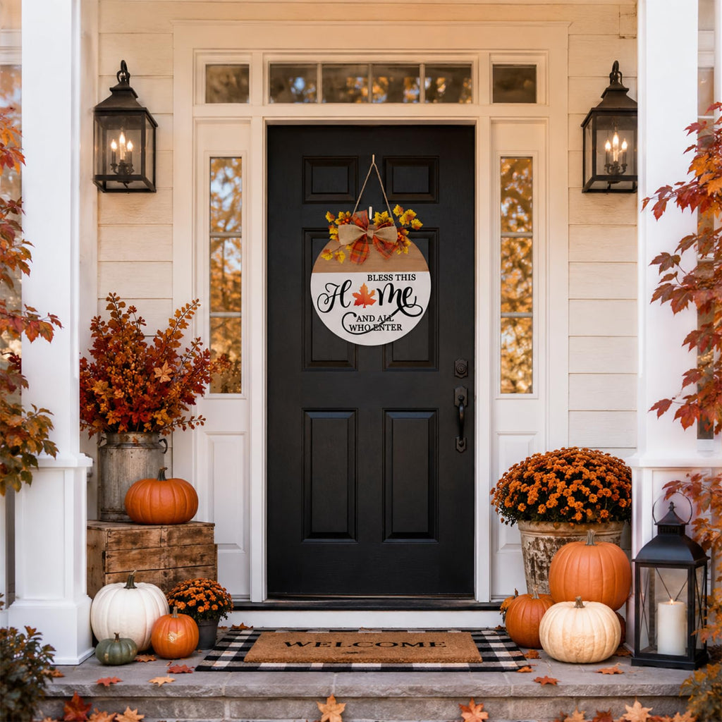 Interchangeable Welcome Sign for Front Door with 4 Seasonal Wreath and 14 Changeable Icons, Bless This Home for