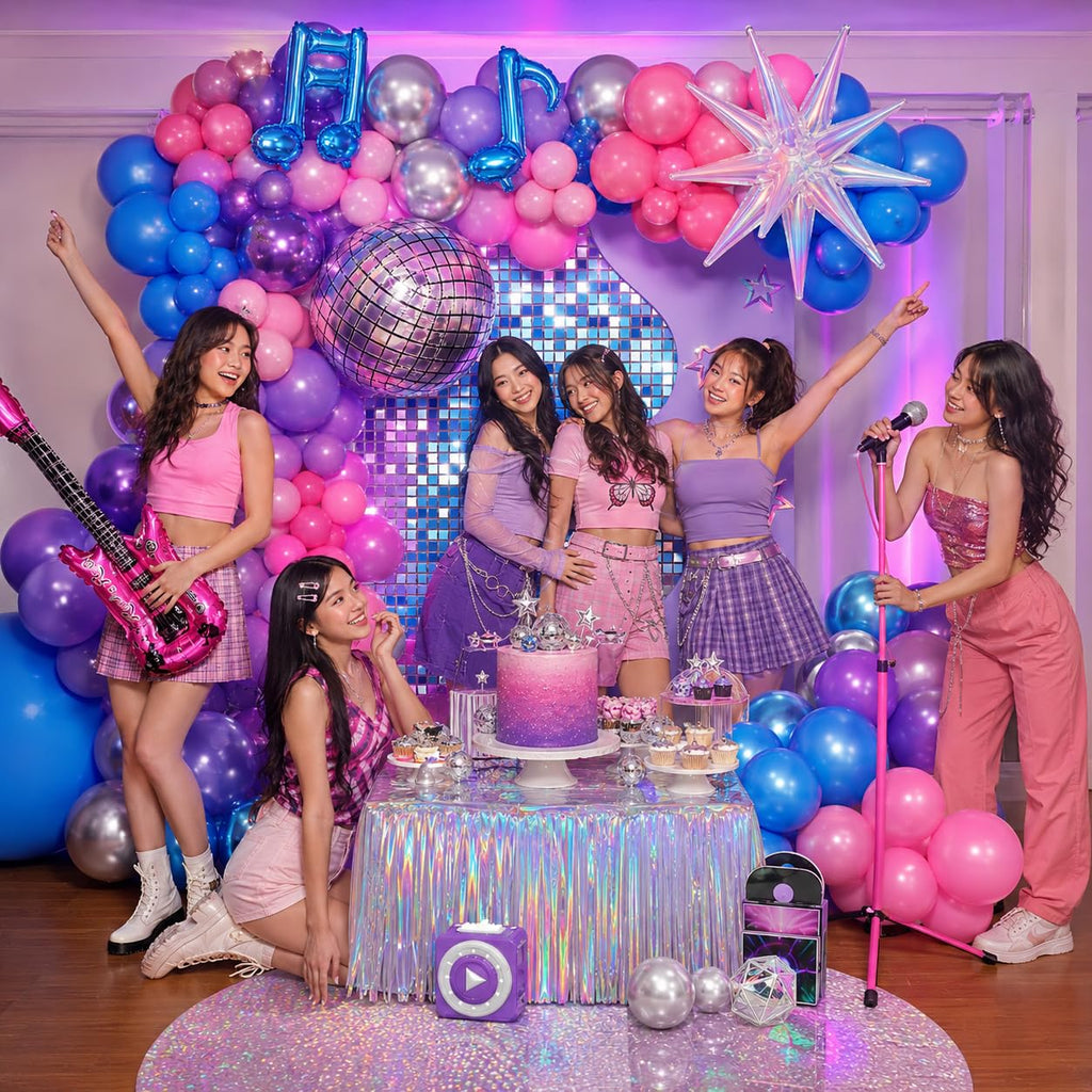 Kpop Music Balloon Garland Arch Kit, Pastel Hot Pink Metallic Blue Purple Silver Balloons Disco Ball Guitar Music