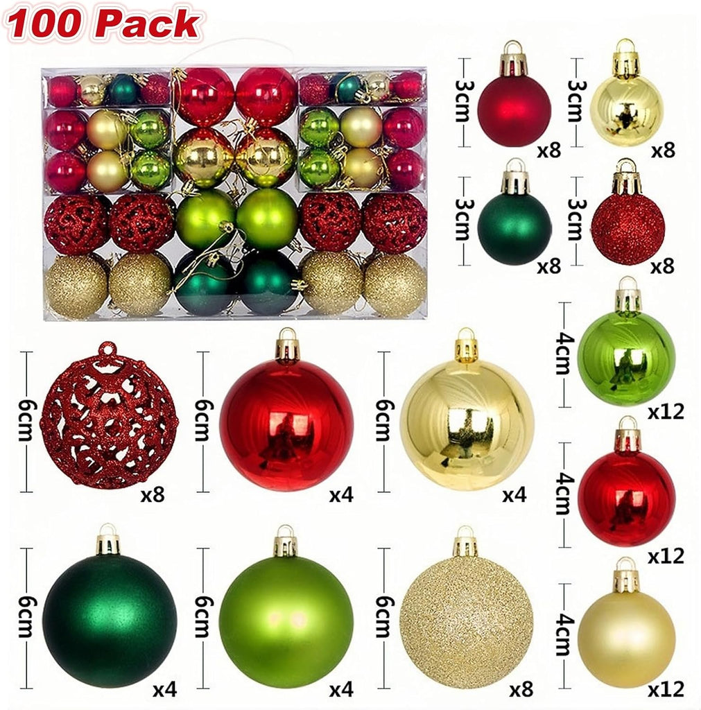 Gold Green Red Mixed Christmas Balls Ornaments for Xmas Christmas Tree - Shatterproof Christmas Tree Decor - Set of 100