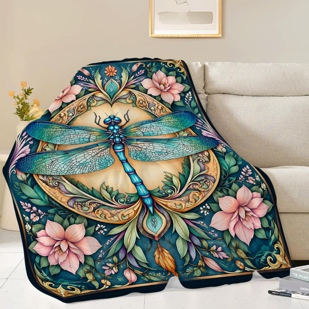 Boho Dragonfly Blankets, Floral Throw Blanket, Dragonfly Gifts, 40"X50"