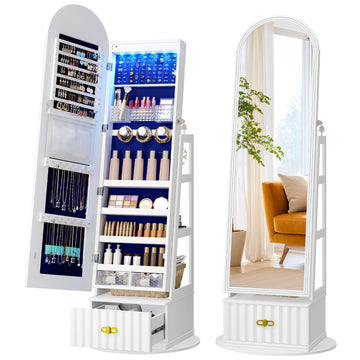 Arched LED Mirror Jewelry Cabinet, Standing Jewelry Armoire, White