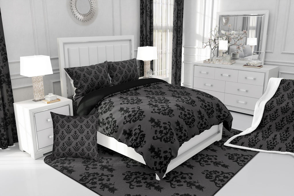 Gothic Victorian Damask Comforter Set King - Vintage Baroque Goth Bed Set With Black Floral Pattern - Bohemian Decor
