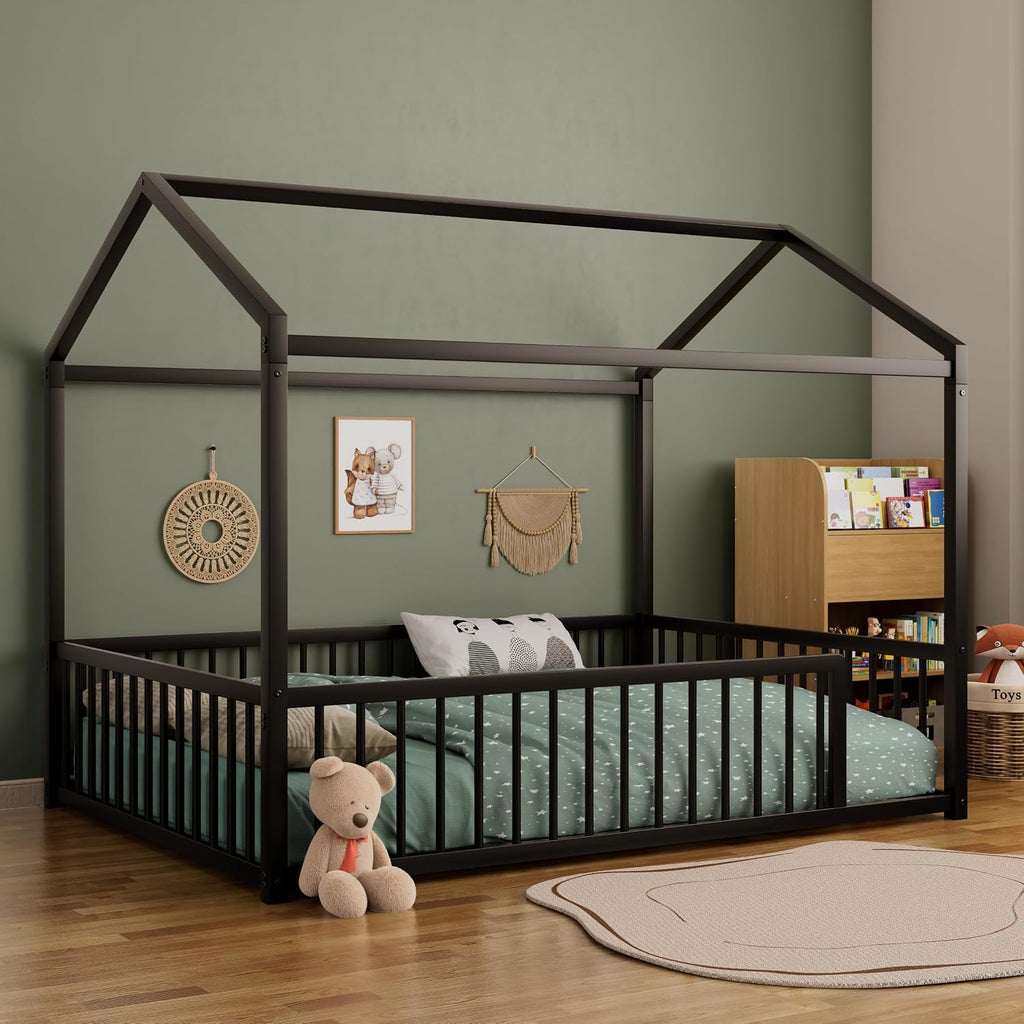 House Shape Montessori House Bed Metal Floor Bed Bed, Black