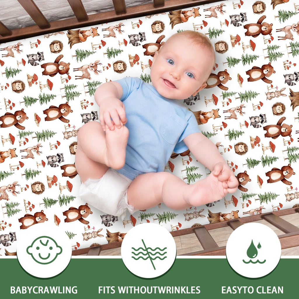 3 Pcs Woodland Animal Crib Sheet Set Baby Crib Bedding Set Includes 52"x28" Fitted Sheet, Quilt, Bed Skirt for