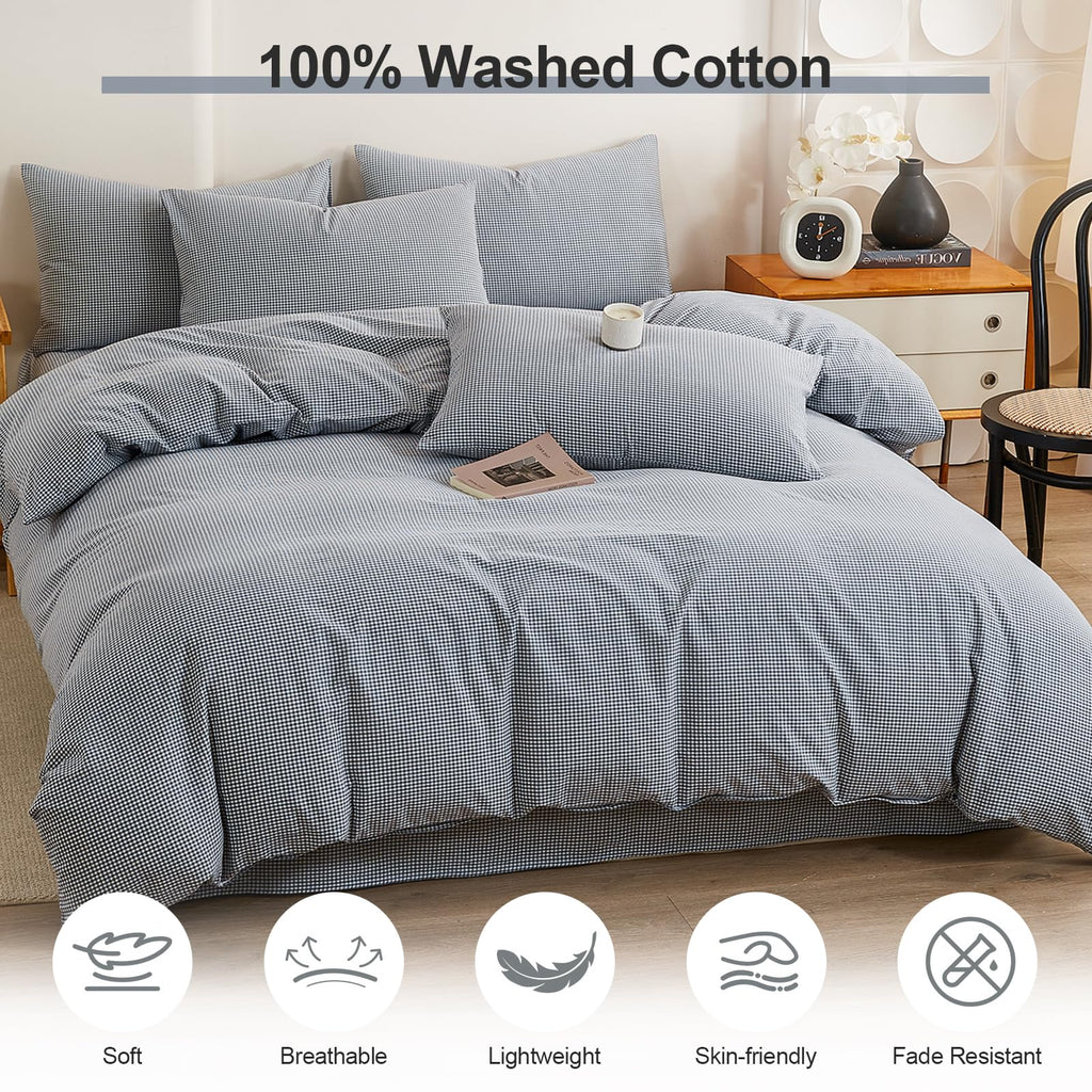 Vintage Blue Plaid Duvet Cover Set 100% Washed Cotton 3-Piece