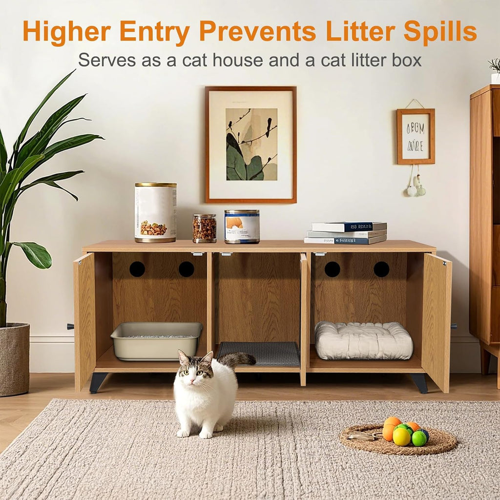 Cat Litter Box Enclosure for 2 Cats, Modern Hidden Litter Box Furniture with Double Room, Large Cat House Washroom