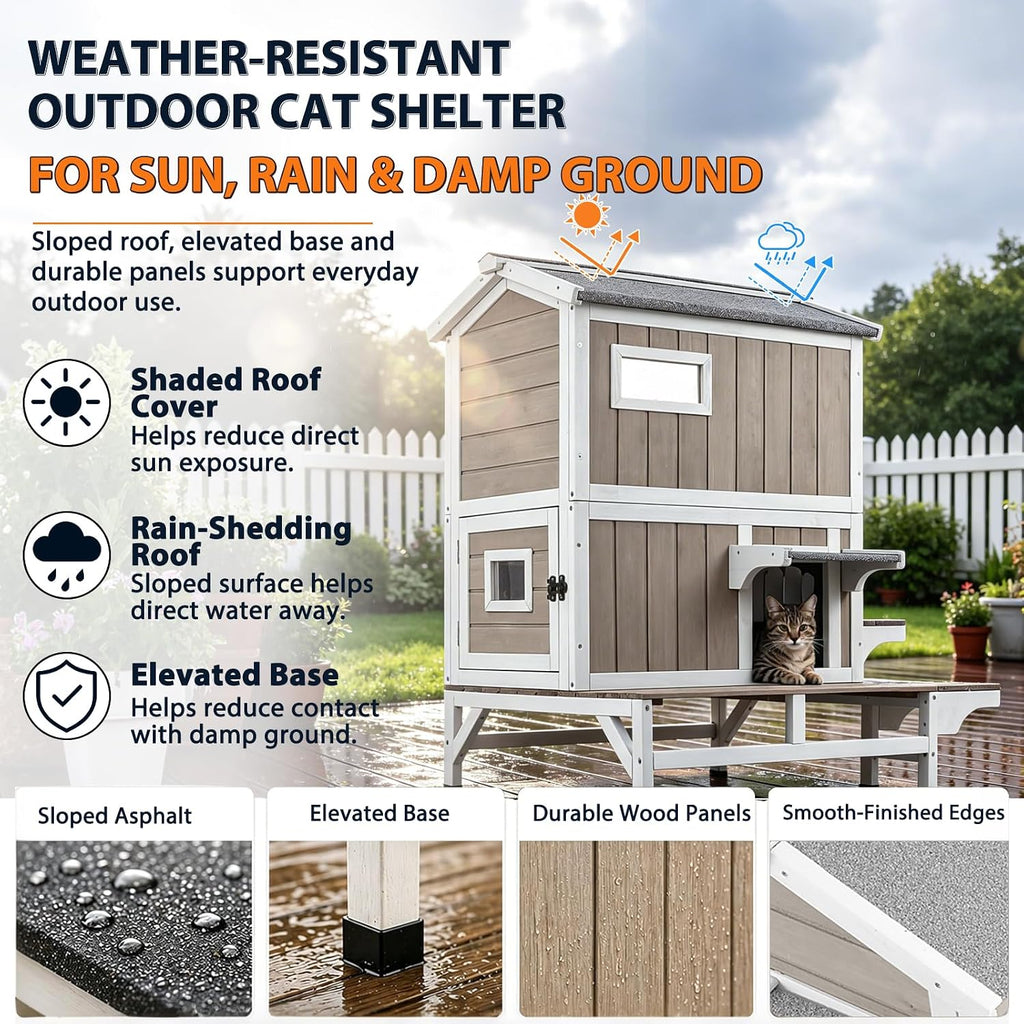 Outdoor Wooden Cat House for 2-3 Cats Weatherproof Cat Shelter with Waterproof Asphalt Roof, Multi Escape Doors