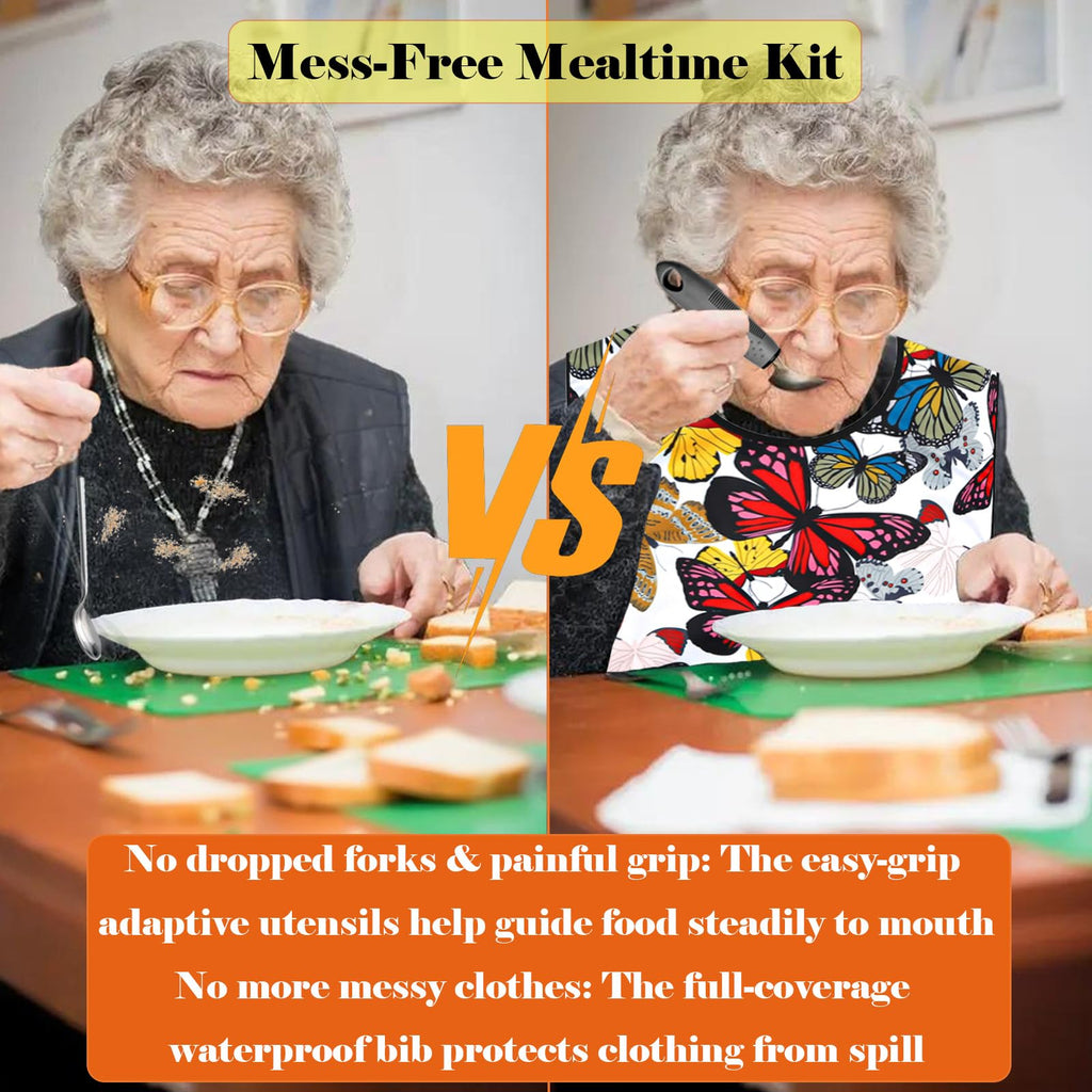 Adaptive Utensils with Adult Bibs - 4pcs Weighted Utensils Set (2.5oz Each) for Hand Tremors, Elderly, Parkinson's