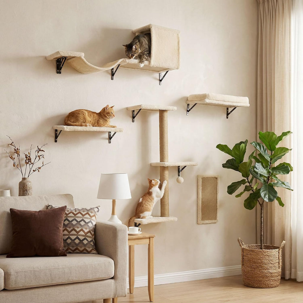 Cat Wall Shelves, 5-in-1 Cat Wall Furniture Set, Beige