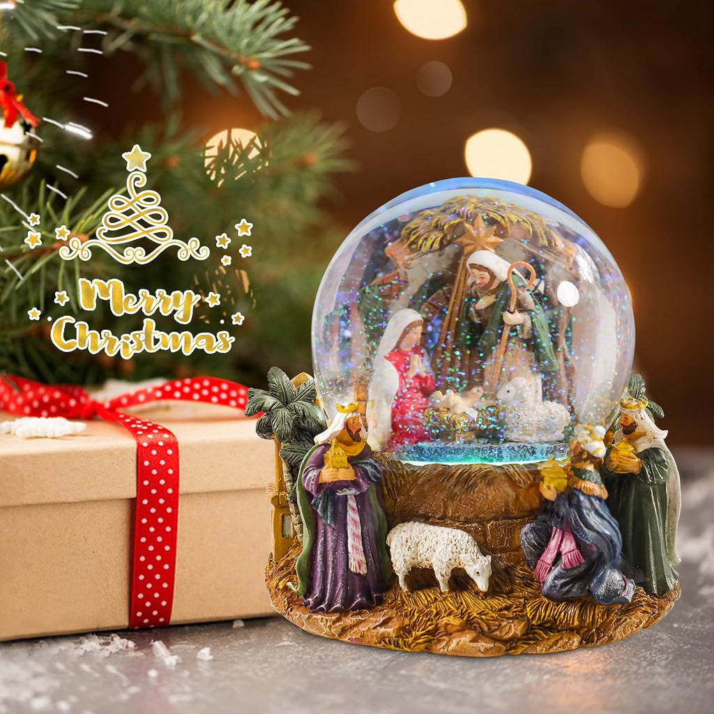 Christmas Snow Globes, Nativity Scene Snow Globes with Musical Battery Operated LED Lights Glittering Water Globe