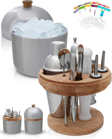 Cocktail Set Bartender Kit with Stainless Steel Ice Bucket - Complete Mixology Bar Tool Set with Wooden Organizer