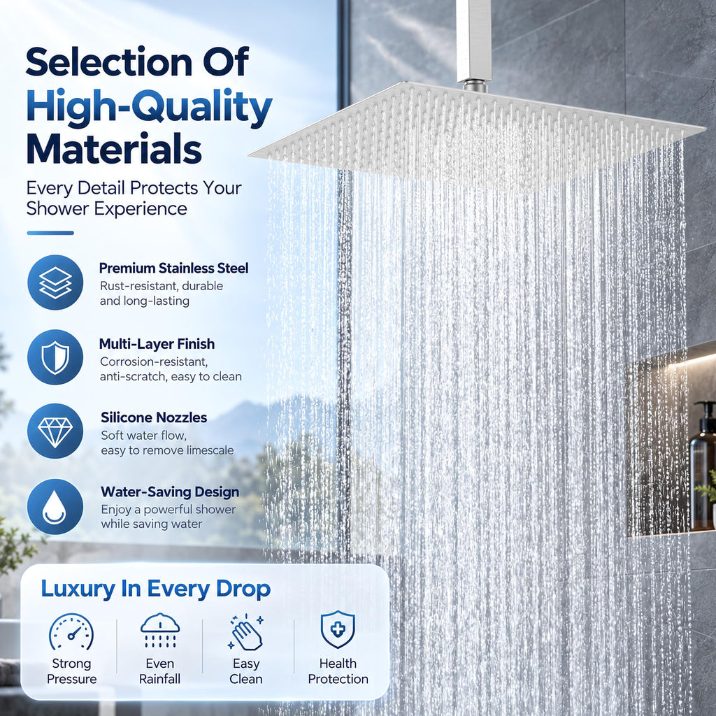 16 Inch Brushed Nickel Large Rain Shower Head, 304 Stainless Steel Square High Pressure Rainfall Shower Head, Ultra