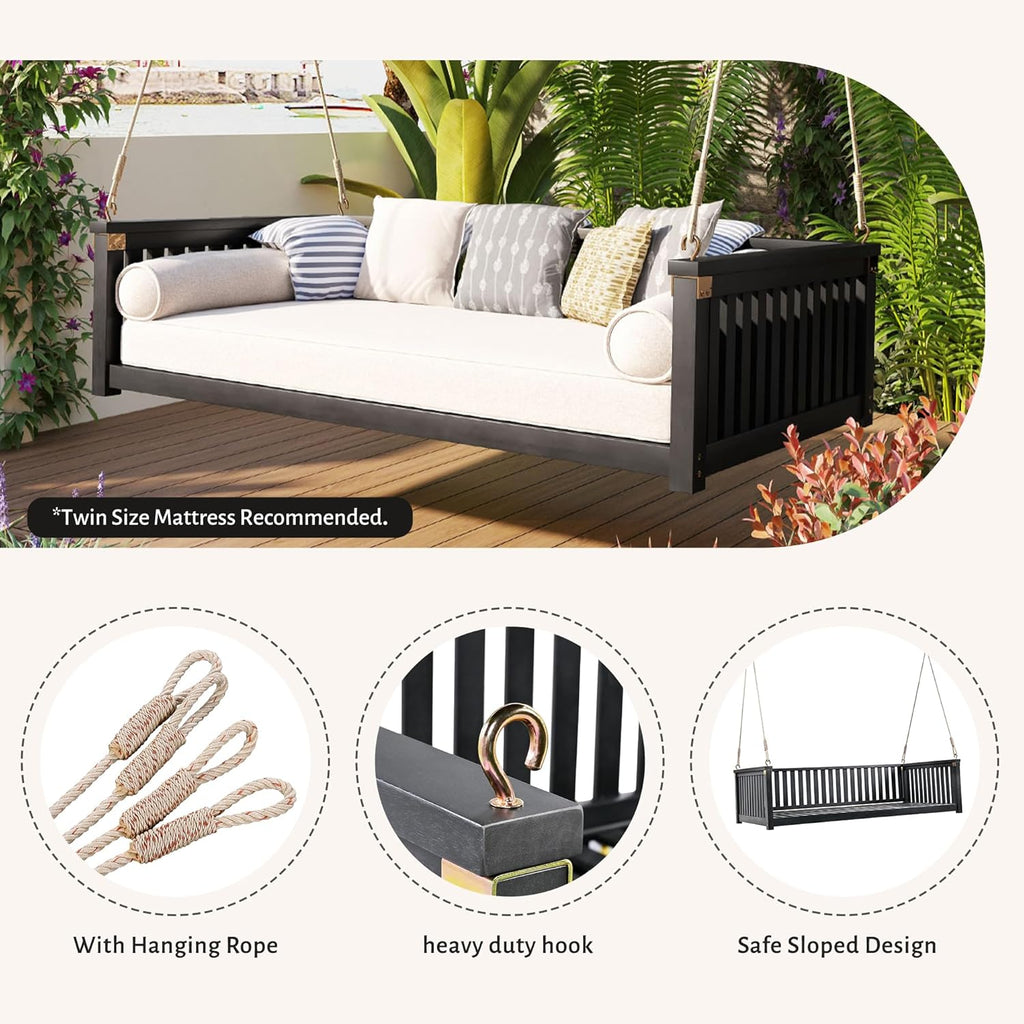 Acacia Wood Porch Swing Bed, Twin Size Hanging Daybed with Ropes, Outdoor Patio Bed Swing for Garden, Backyard &