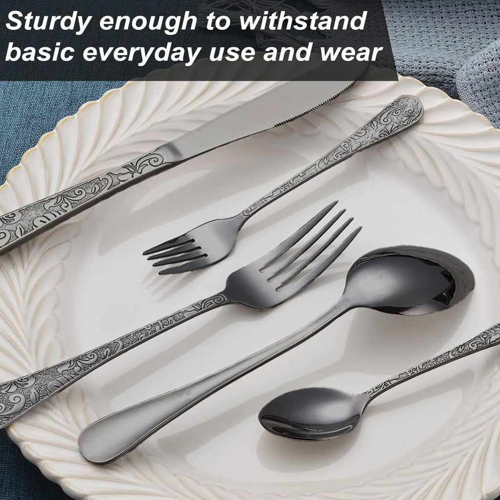 Vintage Carved Black Stainless Steel 20-Piece Flatware Set