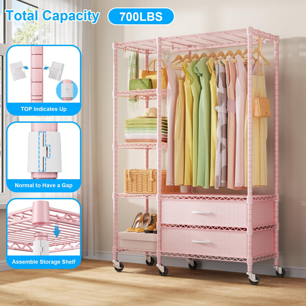 F3R Heavy Duty Clothes Rack(With Lockable Wheels)Freestanding Clothing Racks for Hanging Clothes, Adjustable Closet