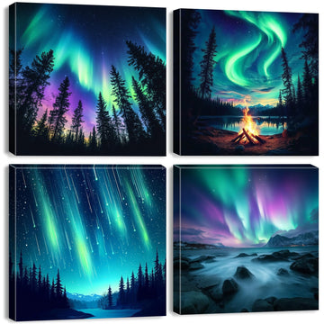 Northern Lights Wall Art Aurora Mountain Scenery Pictures Wall Decor Colorful Forest Landscape Canvas Prints